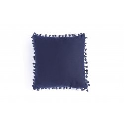 Housse de Coussin 45 x 45 cm Déhoussable Motifs Surpiqûre Gommeprint Blanc Finition Passepoil Pompons Bleu Marine
