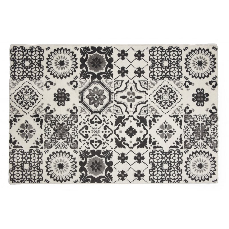 Tapis 100 x 150 cm Rectangulaire Blanc Motif Carreaux de Ciment Blanc Noir Gris