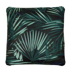 Face de la Housse de coussin 40 x 40 cm déhoussable zippée jacquard irisé motif palmes vert et noir