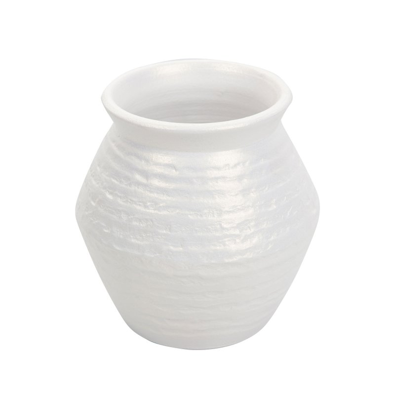 Vase Céramique Arrondi Ouverture Large 20 x 20 cm Brillant Sillons Horizontaux Blanc Nacré