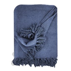 Plaid, Fouta, Jeté de Lit 100% Coton 120 x 150 cm à Franges Bleu