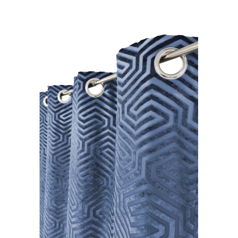 Rideau 135 x 240 cm à Œillets Tamisant en Jacquard et Velours Ras Estampillé Motif Géométrique Bleu