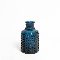 Vase Verre Recyclé 20 x 12 cm Forme Cylindrique Motif Alvéolé En Relief Transparent Bleu Foncé