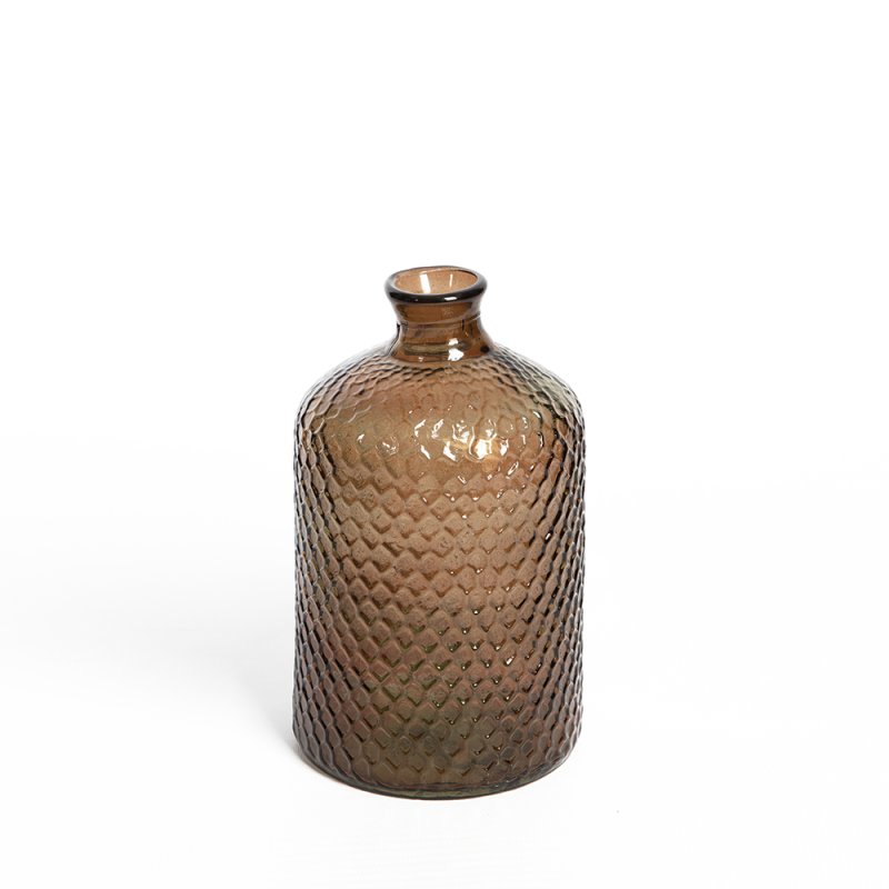 Vase Verre Recyclé 18 x 31 cm Forme Cylindrique Motif Alvéolé En Relief Transparent Marron Nude