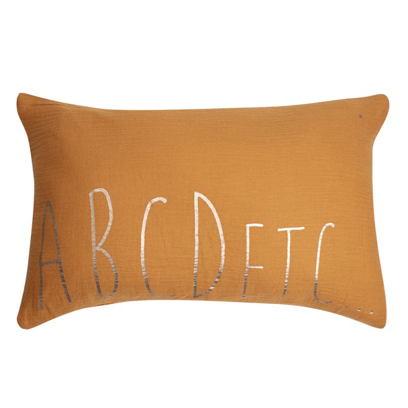 Housse de Coussin 100% Gaze de Coton 30 x 50 cm Lettres Imprimés Jaune Moutarde Doré